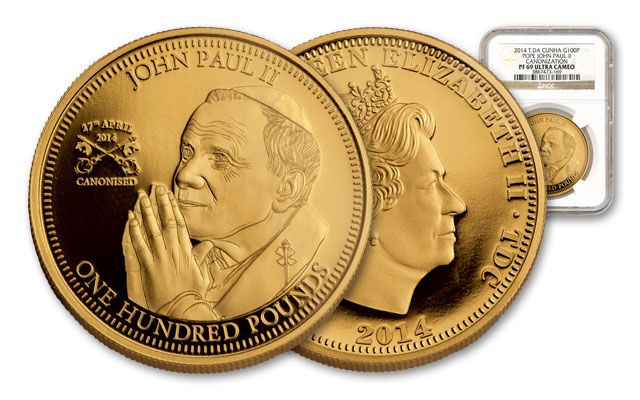 2014 Tristan Da Cunha £100 1-oz Gold Pope John Paul II NGC PF69UC