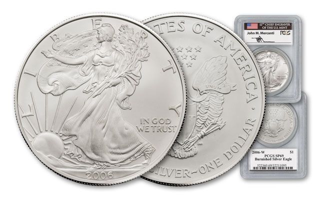 2006 One Dollar 1-oz Burnished Silver Eagle PCGS SP69 Mercanti