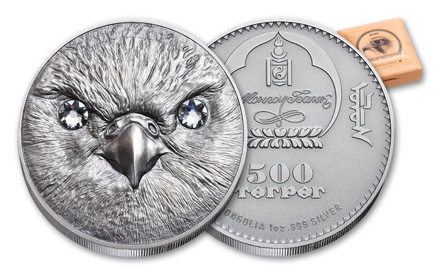 2016 Mongolia 500 Togrog 1-oz Silver Falcon Antique Proof