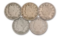 5PC 1883-1912 5 CENTS LIBERTY G/VG SET-ASSORTED