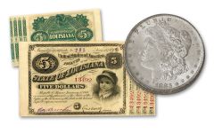 1883-O Morgan Silver Dollar w/1870–1880 $5 State of Louisiana Baby Bond