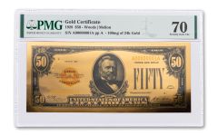 1928 $50 24K 100 mg Gold Certificate Commemorative PMG 70