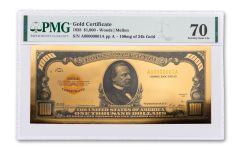 1928 $1000 24K 100 mg Gold Certificate Commemorative PMG 70