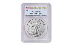 2021 $1 1oz Silver Eagle T2 PCGS MS70 First Day of Issue Flag Label