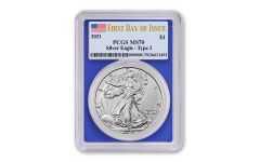 2021 $1 1oz Silver Eagle T2 PCGS MS70 First Day of Issue Blue Frame Flag Label