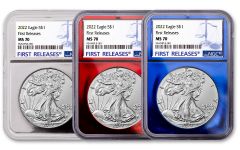 2022 $1 1-oz Silver Eagle 3-pc Set NGC MS70 First Releases w/Red, Blue & Silver Foil Cores