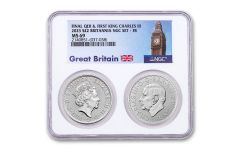 2023 Great Britain £2 1-oz Silver Britannia Queen & King 2-pc Set NGC MS69 FR w/Holder & Big Ben Label