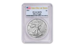 2024 $1 1 oz American Silver Eagle PCGS MS70 First Day of Issue Flag Label