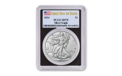 2024 $1 1 oz American Silver Eagle PCGS MS70 First Day of Issue Flag Label Black Frame