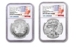2pc 2019 $1/$5 Silver American Silver Eagle/Canadian Maple, Pride of Two Nations NGC PF/REV PR70 Early Release  Flag Label