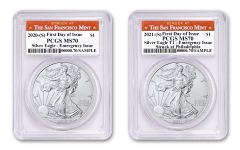 2020–2021(S) $1 1-oz Silver Eagle Type 1 Struck At San Francisco Emergency Production 2-pc Set PCGS MS70 First Day of Issue
