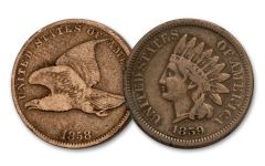 2PC 1858-1859 1 CENT INDIAN-FLYING EAGLE G-VG