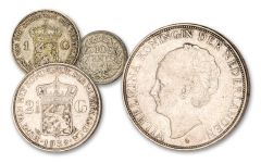 NLD 3PC 1922-1945 10-CENT TO 2 1/2 GULDEN SILVER VF-XF SET