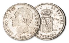 ESP 1882-1885 5 PESETAS KING ALFONSO XII SILVER VF
