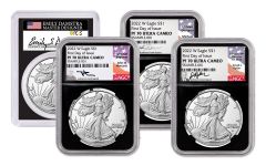 2022-W $1 1-oz Silver Eagle Proof NGC/PCGS PF70UC-PR70 DCAM First Day of Issue 4-pc Set w/Black Core & Damstra, Gaudioso, Mercanti & Ryder Signatures