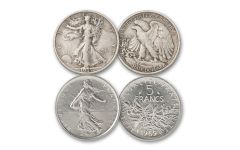 2PC 1916-1969 Half Dollar & 5 Francs - Walking Liberty + The Sower VG-XF