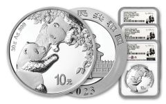 2023 China 30-gm Silver Panda 3-pc Mint Set NGC MS70 First Day of Issue w/.999 Silver Tong Fang Signature Labels