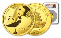 2023 China 100-gm Gold Panda NGC PF70UC First Day of Issue w/Shanghai Mint Identification, Panda Label & Tong Signature