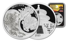 2023 China 2-oz Silver Black Unicorn Proof NGC PF70UC First Day of Issue w/Black Core & Pagoda Label