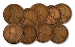 9PC 1920-1929-S 1 CENT LINCOLN DECADE G-VG