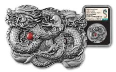 2024 Fiji $1 1-oz Silver China Whiskered Dragon Ultra High Relief Antiqued NGC MS70 w/Dragons of the World Label
