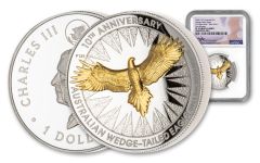 2024 Australia $1 1-oz Silver Wedge Tailed Eagle 10th Anniversary Gilded Proof NGC PF70UC First Releases w/Mercanti-Signed Flag Label