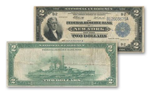 1918 2 Dollar Federal Reserve Bank Note Battleship Fine
