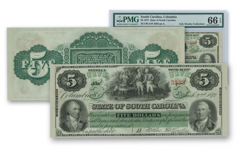 1872 5 Dollar South Carolina Note PMG 66EPQ