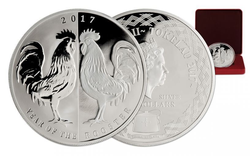 2017 Tokelau 5 Dollar 1-oz Silver Mirror Rooster Proof 