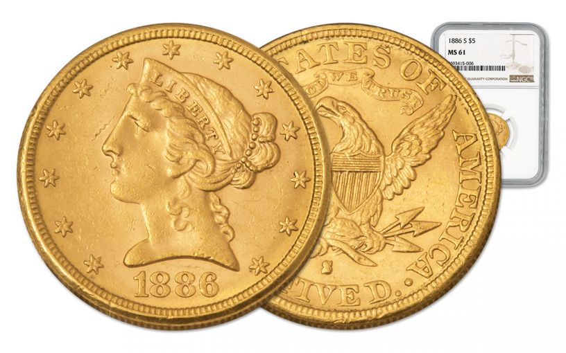 1886-S 5 Dollar Gold Liberty NGC MS61 w/Motto