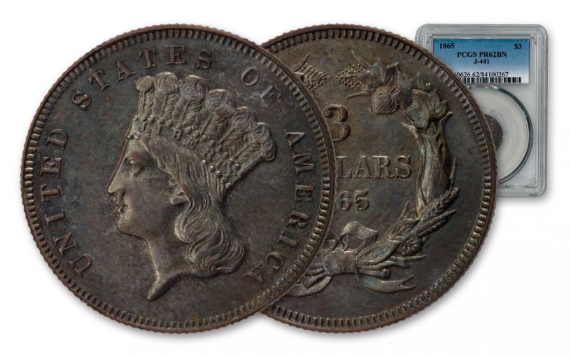 1865 $3 Copper Indian Princess Pattern Judd-441 PCGS PR62BN
