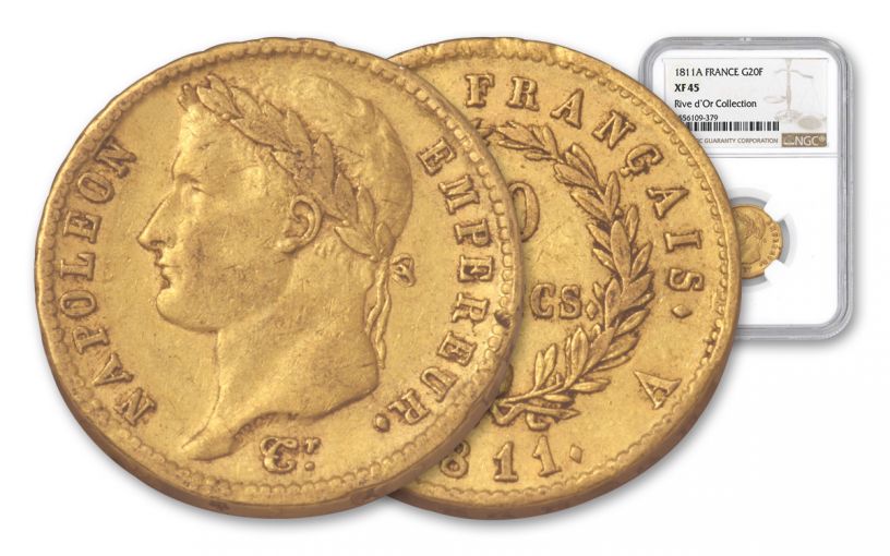 Paris France 1811-A 20 Francs Gold Napoleon I Rive d’Or Hoard NGC XF45