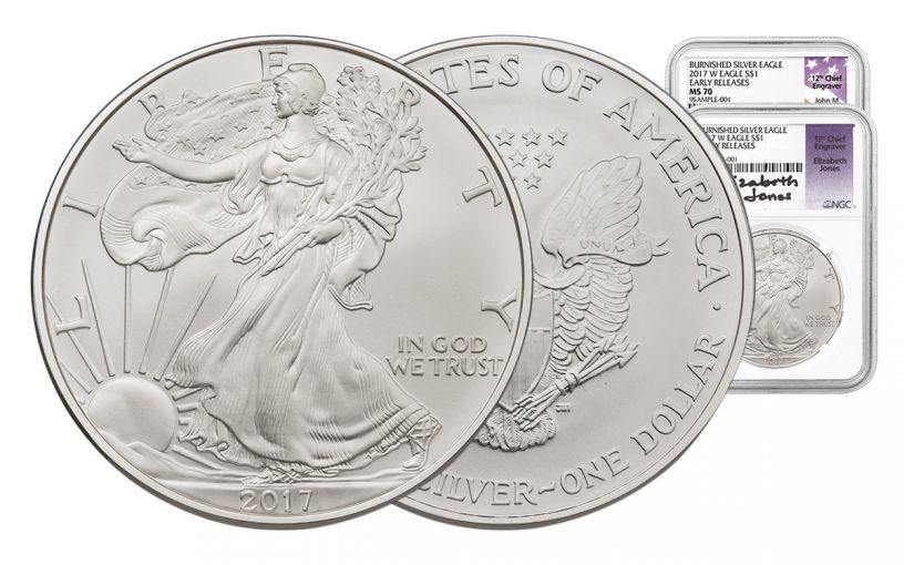 2017-W 1 Dollar 1-oz Burnished Silver Eagle NGC MS70 Early Release Mercanti - Jones 2pc Set