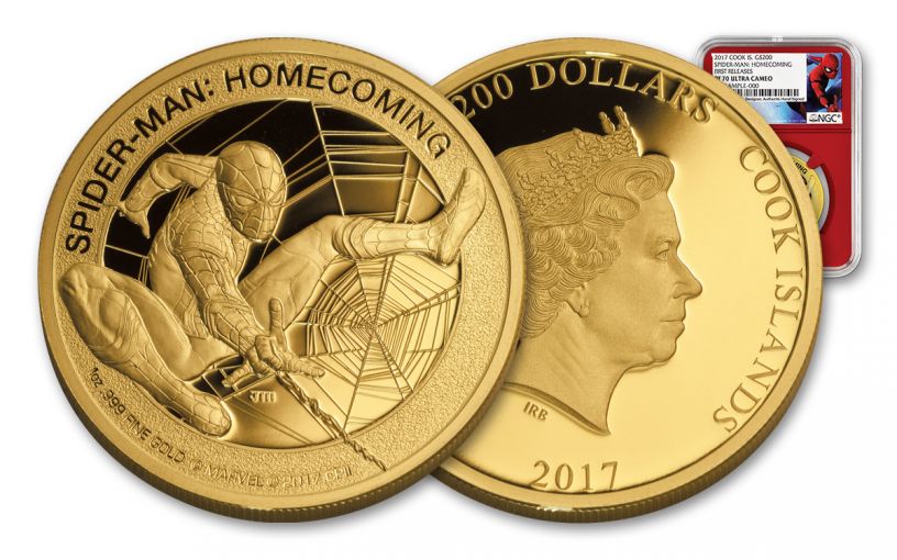 2017 Cook Islands 200 Dollar 1-oz Gold Spider-Man NGC PF70UCAM- Mercanti Designed- First Release