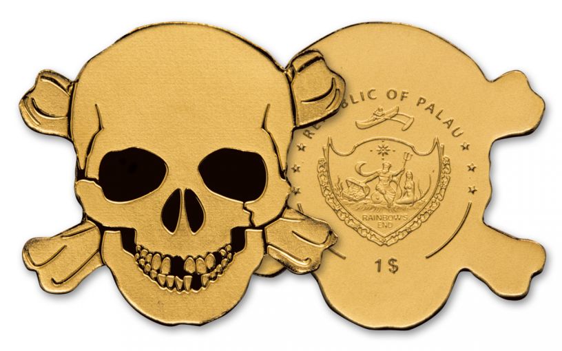 2017 Palau 1 Dollar 1/2 Gram Gold Pirate Skull Brilliant Uncirculated 