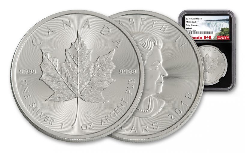 2018 Canada 1-oz Silver Maple Leaf NGC MS69- Early Release- Black Core