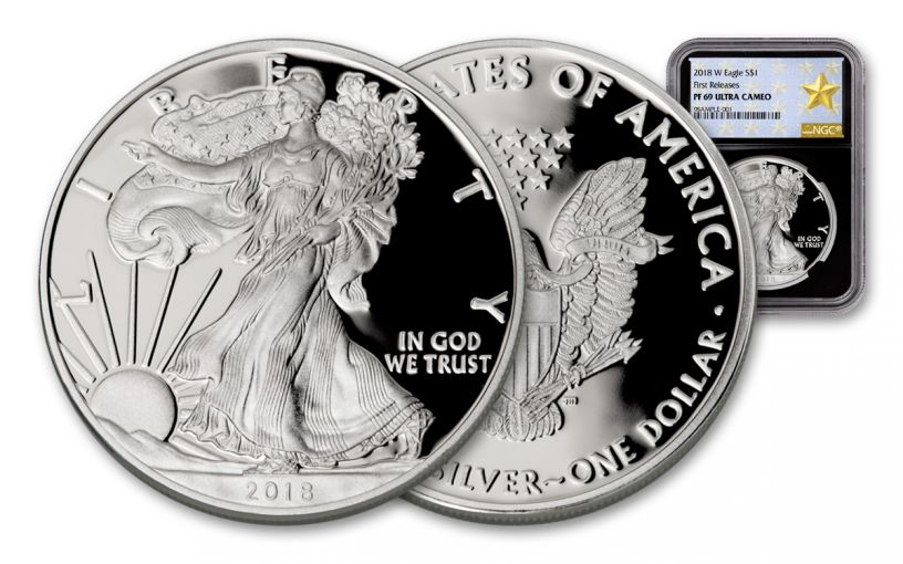 2018-W $1 Dollar 1-oz Silver Eagle NGC PF69UCAM First Releases Gold Star Label - Black