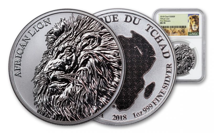2018 Chad 5000 France 1-oz Silver African Lion NGC MS70 First Releases