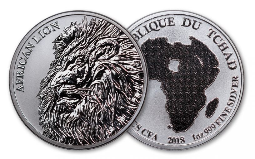 2018 Chad 5000 Franc 1-oz Silver African Lion BU Mint Box