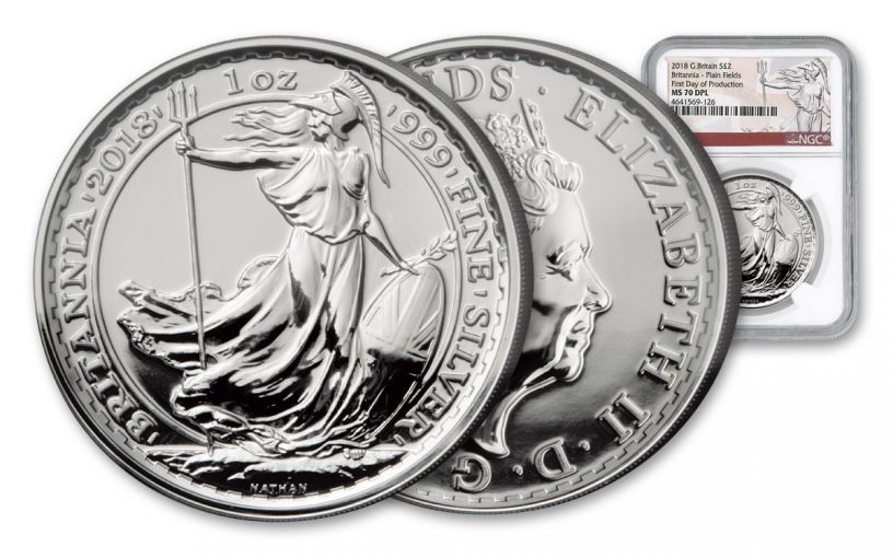 2018 £2 British 1-oz Silver Britannia NGC MS70 FDP | GovMint.com