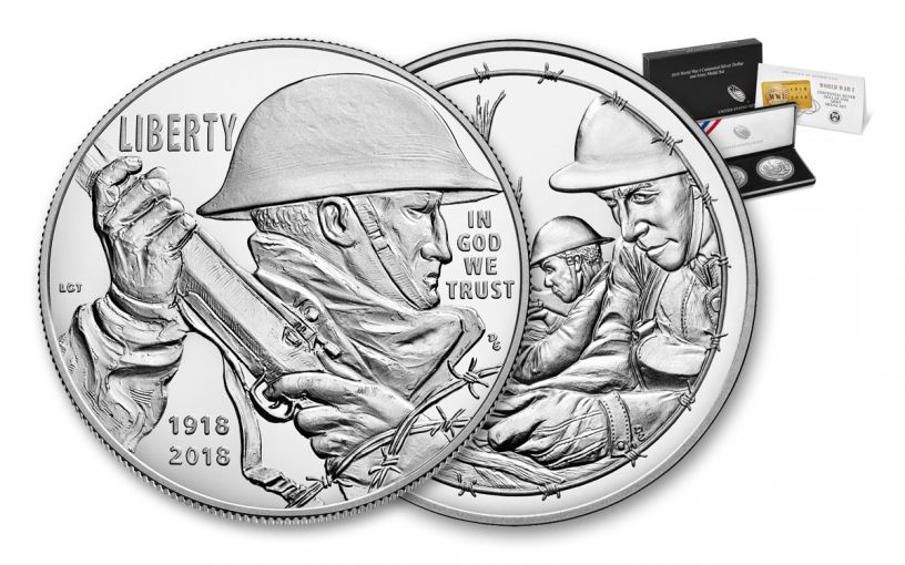2018-P 1 Dollar Silver World War I Centennial Proof and Army Medal 2pc Set