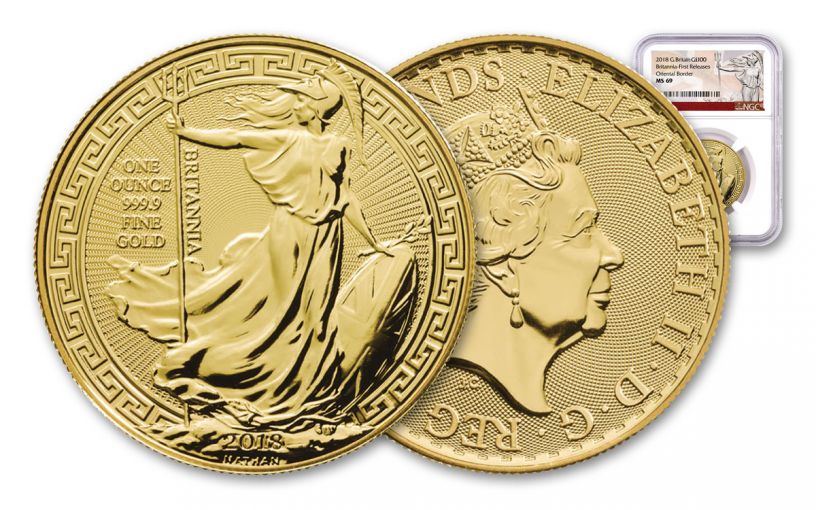 2018 Great Britain 100 Pound 1-oz Gold Britannia Oriental Border NGC MS69 First Releases