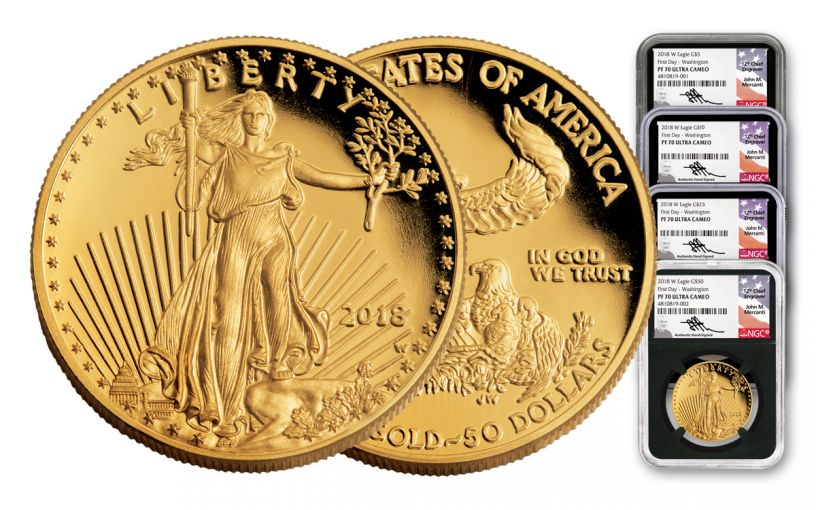 2018-W 5-50 Dollar Gold Eagle NGC PF70UCAM First Day Of Issue Washington DC Mercanti Signed 4pc Set