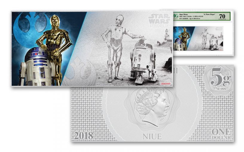 2018 Niue 1 Dollar 5 Gram Silver Foil Star Wars R2-D2 and C-3PO PMG 70 Colorized Proof-Like Note