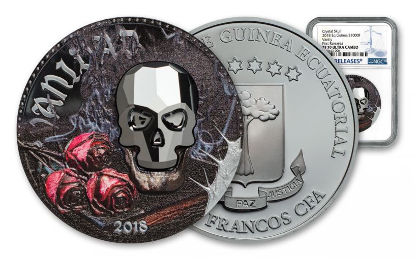2018 Equatorial Guinea 1 Ounce Silver Crystal Skull Colorized NGC PF70UC First Releases 1000 Francs