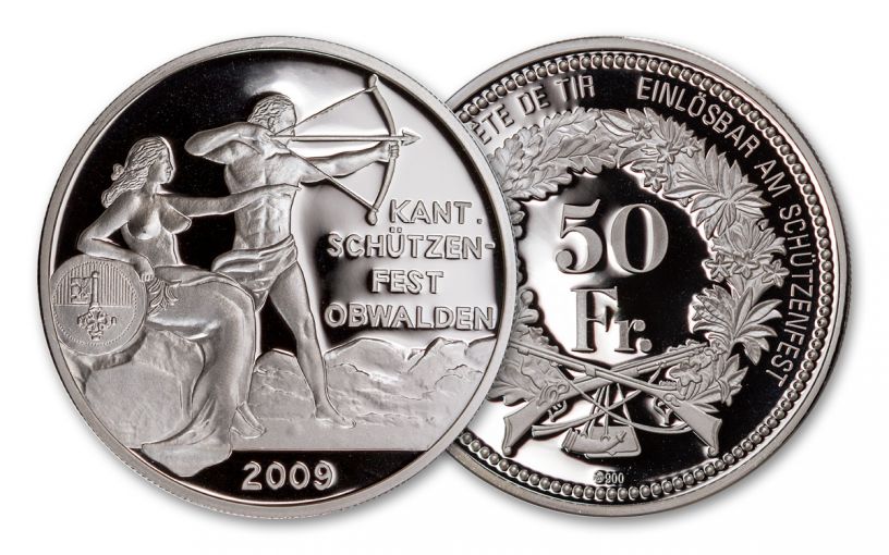 2009 Switzerland 50 Franc 25 Gram Silver Shooting Festival Thaler – Obwalden Gem Proof 