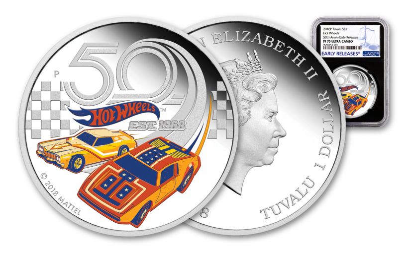 2018 Tuvalu 1 Dollar 1-oz Silver Hot Wheels 50th Anniversary NGC PF70UCAM Early Releases - Black