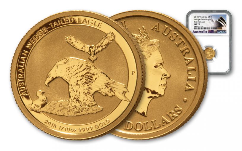 2018 Australia $15 1/10-oz Gold Wedge Tailed Eagle NGC MS70 First Releases