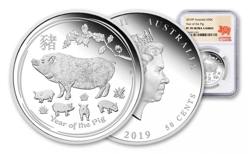 2019 Australia 50 Cents 1/2-oz Silver Lunar Year of the Pig NGC PF70UC