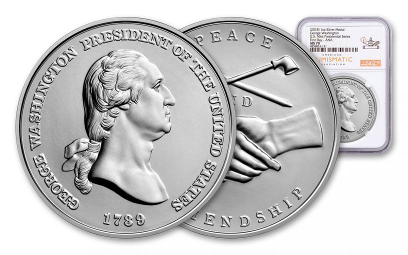 George Washington Presidential 1-oz Silver Medal NGC MS70 - First Day ANA Label